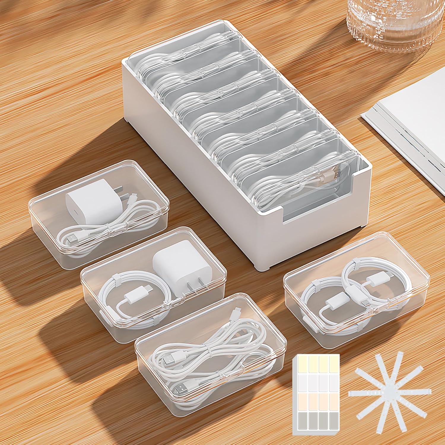 7 Case Cable Storage Box with Cable Straps and Label Stickers, Travel Cord Organizer